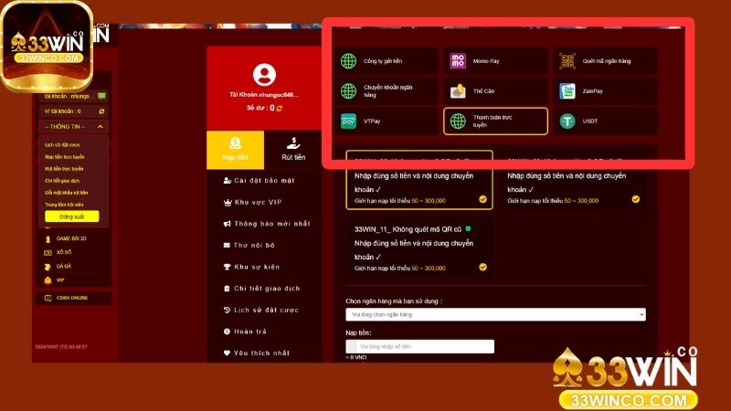 Lưu ý cần biết khi nạp tiền 33Win